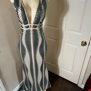 Deep V Sequin Maxi Dress in Teal and Cream